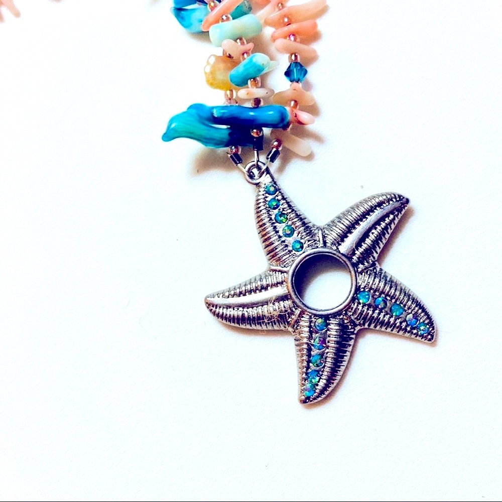 Aqua Coral Pink Stick Coral Starfish Bracelet Handmade